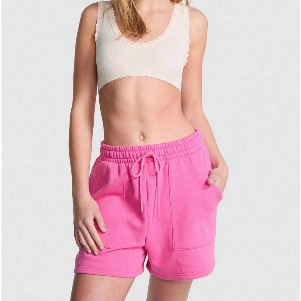 Victorias Secret PINK Ivy Fleece Sweat Shorts‎ Pink Logo Drawstring Womens Large